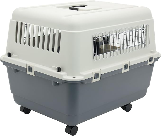 SportPet Airline Compliant MEDIUM 24.25" Travel Dog Kennel-Durable Plastic Airline Pet Carrier w/Removable Wheels & Food Bowls, Collapsible Indoor/Outdoor Dog Kennel, Dogs up to 23"L & 15"H-Cream/Gray
