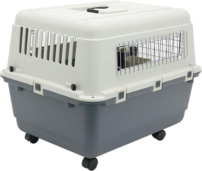 SportPet Airline Compliant MEDIUM 24.25" Travel Dog Kennel-Durable Plastic Airline Pet Carrier w/Removable Wheels & Food Bowls, Collapsible Indoor/Outdoor Dog Kennel, Dogs up to 23"L & 15"H-Cream/Gray