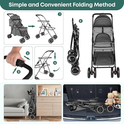 Double Pet Stroller for Dogs and Cats,Cat Strollers for 2 Cats,Double Dog Stroller for 2 Small Medium Dogs,4 Lockable Wheels/Lightweight/Folding,Grey