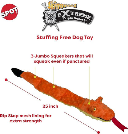 SPOT Skinneeez Extreme Triple Squeak Snake - Durable, Stuffing-Free Dog Toy with Rip-Stop Mesh & 3 Jumbo Squeakers, Built for Aggressive Chewers - Perfect for Medium to Large Dogs & Puppies, 25 inch