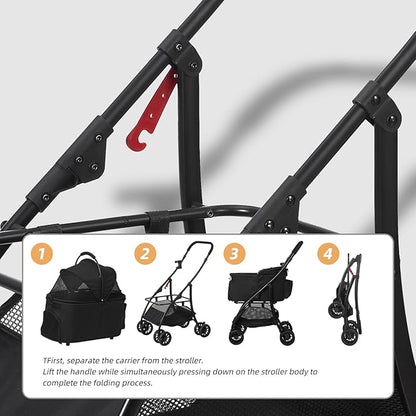Pet Stroller Quickly Folds for Easy Storage Cat Stroller with Detachable Carrier Thickened Oxford Cloth Breathable Basket Dog Strollers for Small Dogs (Grey)