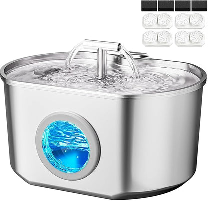 Cat Water Fountain Stainless Steel - Pet Drinking Fountain for Cats Indoor - 2.2L/74oz Automatic Water Dispenser with Watering Level Window (4 Filters)