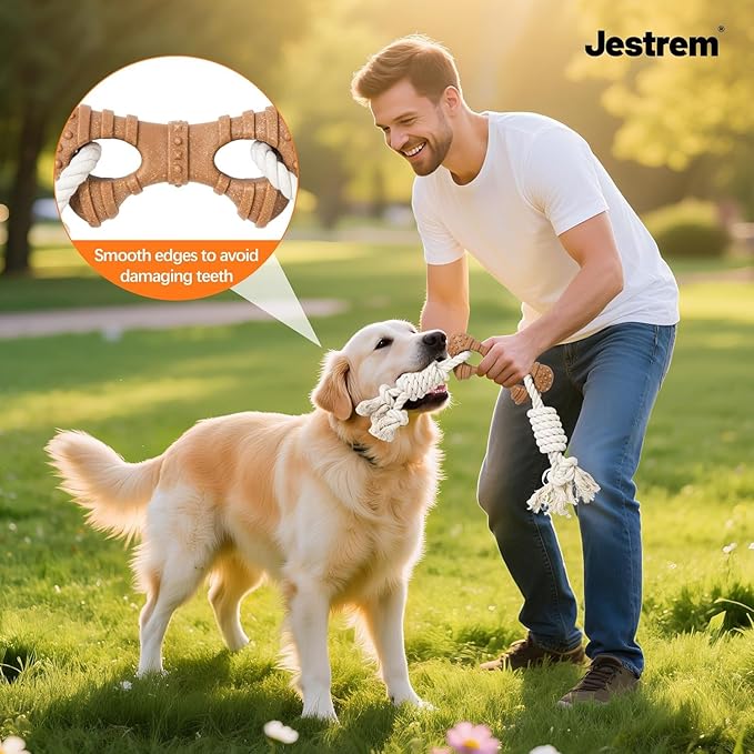 Dog Rope Toy for Aggressive Chewers, Tug and Teething Toy with Natural Cotton Rope and Wood-Plastic Bone, Durable Chew Toy for Medium to Large Dogs 20-60lb