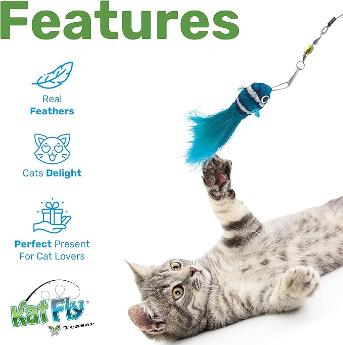 3 Inch Handmade Cat Toy Teaser Wand Refill Clownfish - Blue Natural Material Toy, Hunting Instinct Play, Interactive Exercise Attachment for Indoor Cats
