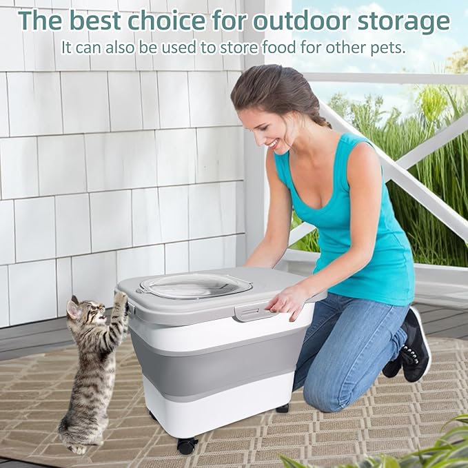 Collapsible Cat Litter Storage Container with Rolling Casters,20 Lbs Cat Litter Storage with Wheels,Airtight Lids,Cat Litter Shovel,Portable Cat Litter Storage Bin Container,BPA Free (Gray)