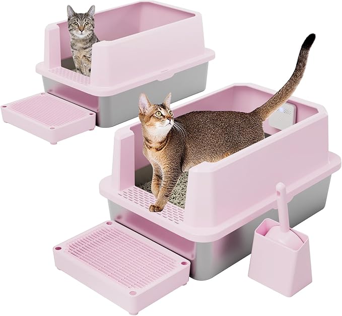 RIZZARI Stainless Steel Litter Box: Large Pink Leakproof Open Tray with Wipe-Clean Design - Odor Control - Teflon Non-Stick - with Deodorizer - 2 Pack - for Cats Up to 20 lbs - in Bathroom Restroom