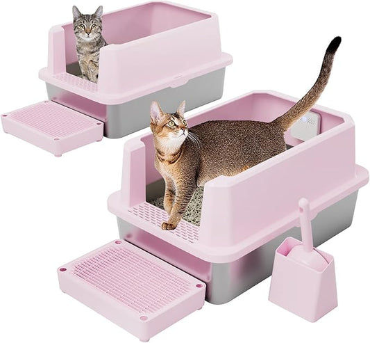 RIZZARI Stainless Steel Litter Box: Large Pink Leakproof Open Tray with Wipe-Clean Design - Odor Control - Teflon Non-Stick - with Deodorizer - 2 Pack - for Cats Up to 20 lbs - in Bathroom Restroom