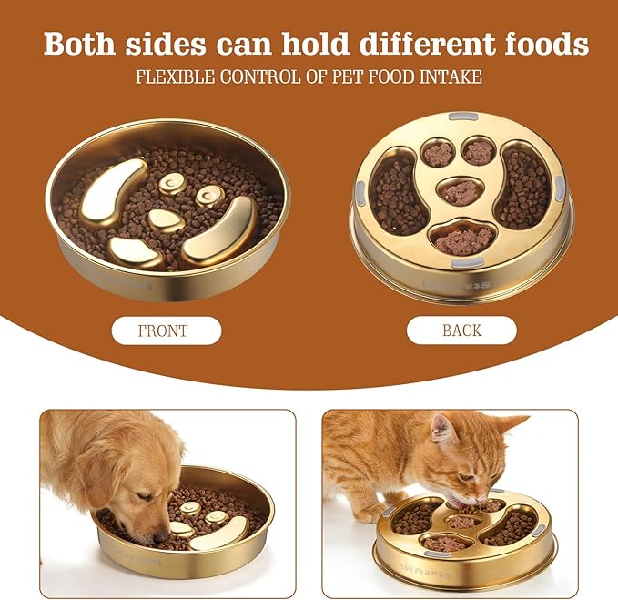 Golden Stainless Steel Slow Feeder Dog Bowls – Non-Slip Metal Dog Bowl for Large & Medium Breeds, Puppy Puzzle Feeder – 2 Cup Capacity for Small to Big Pets – Durable Slow Feed Dog & Cat Food Dish