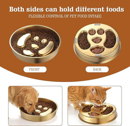 Golden Stainless Steel Slow Feeder Dog Bowls – Non-Slip Metal Dog Bowl for Large & Medium Breeds, Puppy Puzzle Feeder – 2 Cup Capacity for Small to Big Pets – Durable Slow Feed Dog & Cat Food Dish