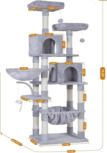 Heybly Cat Tree, 70 inches Tall Cat Tower Condo with Toy for Indoor Large Cats, Cat House Furniture with Padded Plush Perch, Cozy Hammock and Sisal Scratching Posts, Light Gray HCT032W