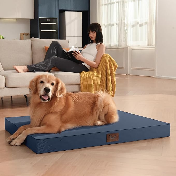 Outdoor Large Washable Dog Bed, Orthopedic Egg Crate Foam Dog Crate Mat for Large Dogs with Removable Oxford Cooling Cover, Navy