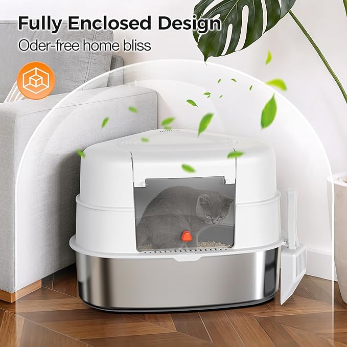 XXL Stainless Steel Corner Cat Litter Box with Lid - Sturdy, No Odor & Space-Saving Hidden Design for Large Cats, White
