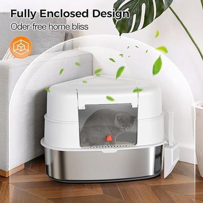 XXL Stainless Steel Corner Cat Litter Box with Lid - Sturdy, No Odor & Space-Saving Hidden Design for Large Cats, White