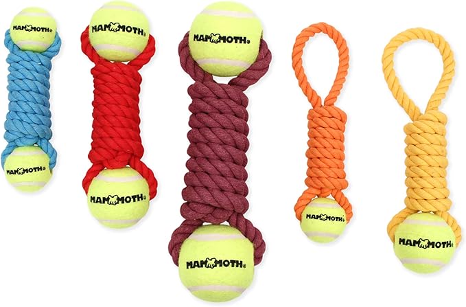 Mammoth Flossy Chews Twister Rope Toy with Tennis Balls – Premium Cotton-Poly Tug Toy for Dogs – Interactive Dog Tug Toy – Rope Dog Toy with Tennis Balls for Small Dogs - Mini 7.5" - Assorted Colors