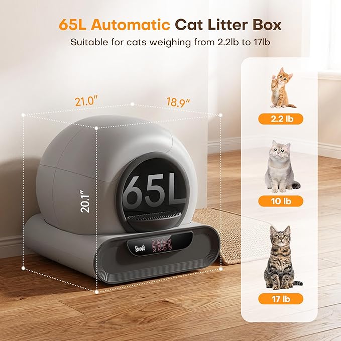 Automatic Cat Litter Box,Self Cleaning Litter Box,65L Automatic Cleaning Robot Litter Boxes,Gray Auto Litter Box with App Control,Self Cleaning Litter Box for Multiple Cats Kitty,Dual Safety Sensors