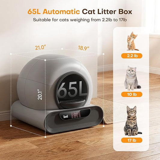 Automatic Cat Litter Box,Self Cleaning Litter Box,65L Automatic Cleaning Robot Litter Boxes,Gray Auto Litter Box with App Control,Self Cleaning Litter Box for Multiple Cats Kitty,Dual Safety Sensors