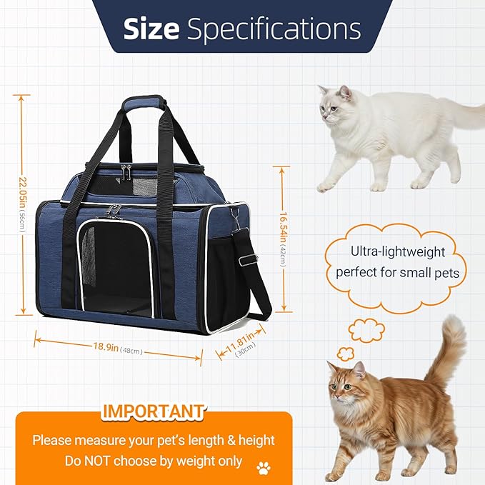 Blue Soft-Sided Pet Carrier for Large Cats & Small Dogs, Airline Approved, with Shoulder Strap & Removable Mat, Breathable Soft Mesh, Comfortable Cat Backpack Carrier