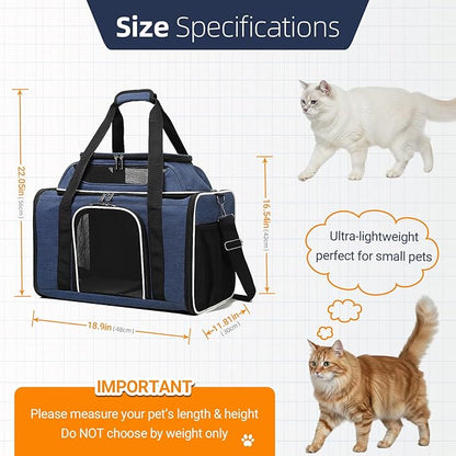 Blue Soft-Sided Pet Carrier for Large Cats & Small Dogs, Airline Approved, with Shoulder Strap & Removable Mat, Breathable Soft Mesh, Comfortable Cat Backpack Carrier