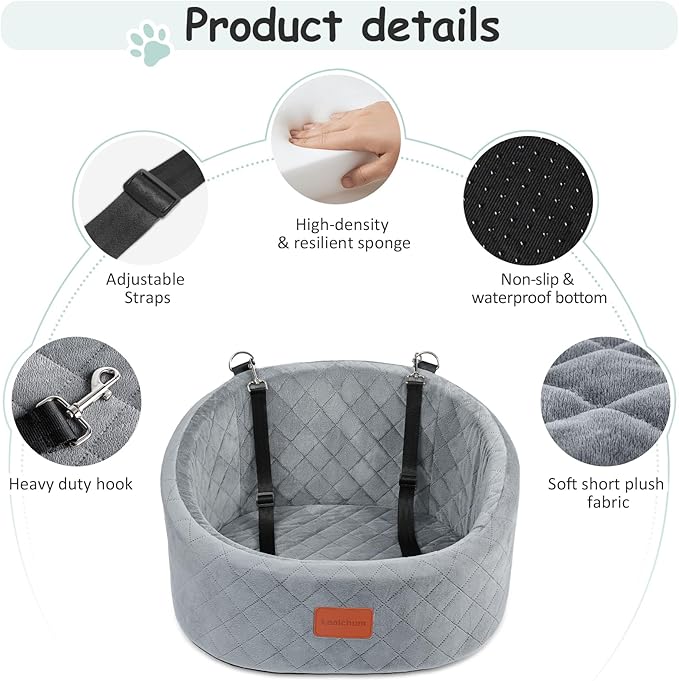 Lealchum Dog Car Seat for Small Dogs Up to 30 Lbs,Ultra Soft Fabric Fill in Comfy Memory Foam,Happy Pet Ride,2 Safety Dog Leashes,Fully Detachable and Washable,Anti Slip Base(Grey)
