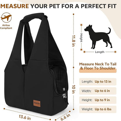 Dog Purse Carrier for Small Dogs and Cats, Soft-Sided Pet Tote Bag with 6 Large Pockets, Collapsible Travel Puppy Carrier with Small Cushion, Fits Pets up to 6 lbs (Black, 13.6" L x 6.6" W x 10" H)