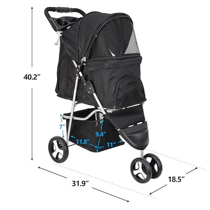 ZENY Foldable Pet Stroller, Cat/Dog Stroller with 3 Wheel, Pet Strolling Cart, Dog Travel Carrier with Storage Basket + Cup Holder, Black