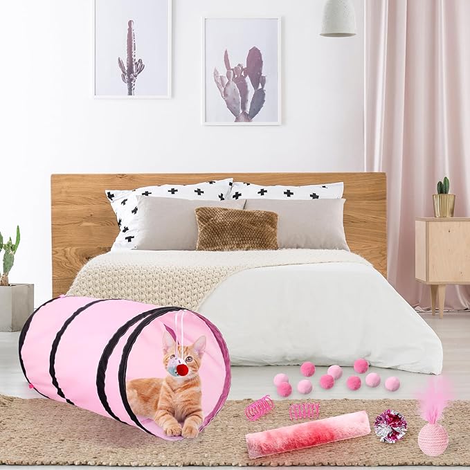 24 Pcs Cat Toys Set Interactive Kitten Toys Pack Including Collapsible Play Tunnel Feather Teaser Wand Fuzzy Ball Springs Pillow Mouse Bells for Indoor Cats Puppy(Pink)
