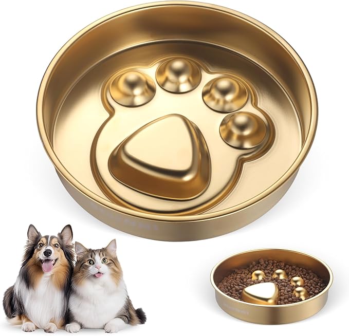 Golden Stainless Steel Slow Feeder Dog Bowls – Non-Slip Metal Dog Bowl for Large & Medium Breeds, Puppy Puzzle Feeder – 2 Cup Capacity for Small to Big Pets – Durable Slow Feed (Paw-Golden)
