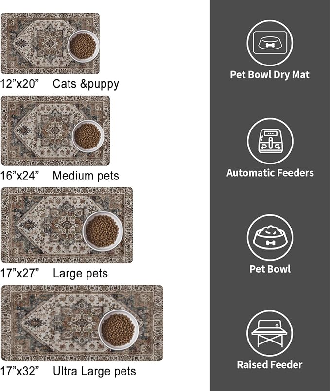 Dog Food Mats for Floors, Absorbent and Quick-Drying Pet Cat Food Mat,Anti-Fouling and Easy-to-Clean Pet Feeding Mat,Dog Bowl Mat for Messy Drinking Water Bowls.16 x24, Bohemia Style