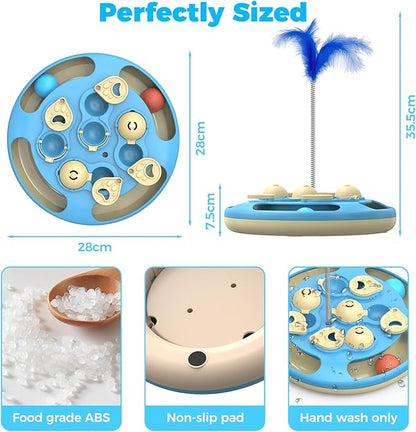 Cat Puzzle Toys Games Level 3 in 1 with Track Balls, Feather Teaser & Treat Feeder | Non-Slip Base | Mental Stimulation Enrichment for Indoor Cats | Kitty Gift, Blue