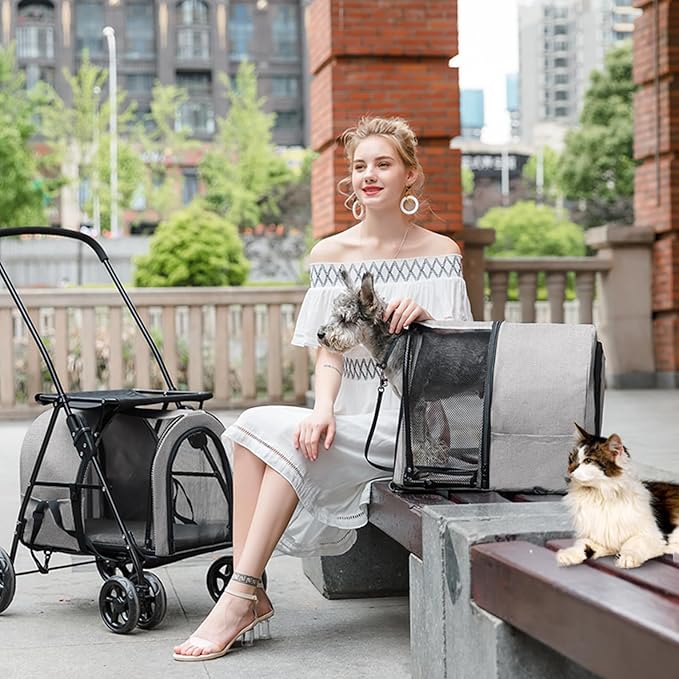 Double Pet Stroller for Dogs and Cats with 2 Detachable Carrier, Quick-Folding Dog Stroller for Medium Small Dogs Cats, 4 Wheels, Light Gray