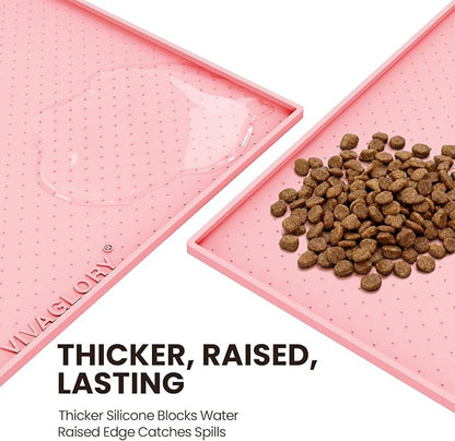 VIVAGLORY Dog Bowl Mat Grippymat Pet Food Mat, Waterproof Washable Nonslip Silicone for Pet & Cat, Food and Water Placemat with Lip & Raised Edges for Indoor Floor, S, Sakura Pink