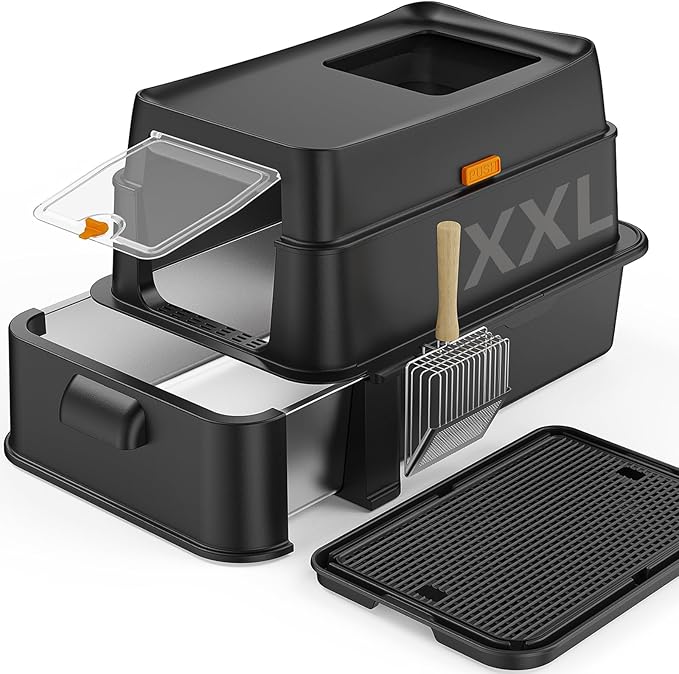 HTii-ë® XXL Stainless Steel Cat Litter Box with Drawer, Extra Large Box for Cats, Enclosed Metal Kitty Litter Box with Litter Scooper, Odor-Urine-Proof, Non-Sticky, Easy Rinse Cleaning
