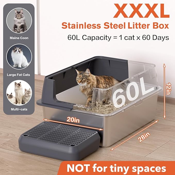 XXL Stainless Steel Litter Box with Lid, 28" Lx20 W Extra Large Cat Litter Boxes for Big Cats, Jumbo Metal Litter Box with Footboard & Scoop,Anti-Leakage,Non-Sticky,Odorless,Easy to Clean