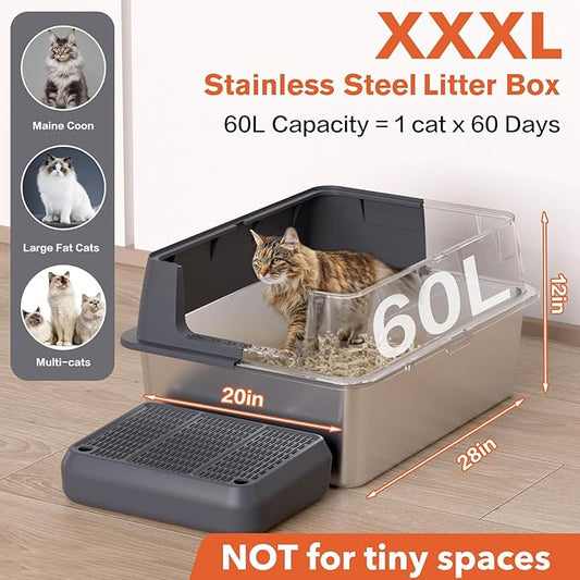 XXL Stainless Steel Litter Box with Lid, 28" Lx20 W Extra Large Cat Litter Boxes for Big Cats, Jumbo Metal Litter Box with Footboard & Scoop,Anti-Leakage,Non-Sticky,Odorless,Easy to Clean