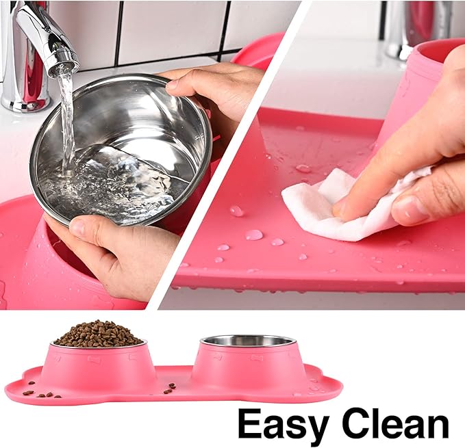 Dog Bowls 2 Stainless Steel Bowl for Pet Water and Food Feeder with Non Spill Skid Resistant Silicone Mat for Pets Puppy Small Medium Cats Dogs