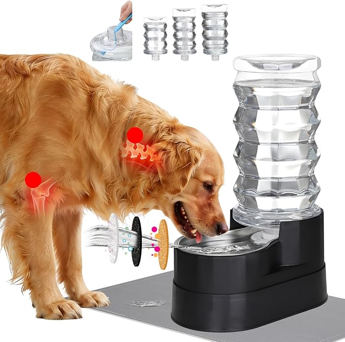 RIZZARI Gravity Water Dispenser for Dogs: 8L Raised Black Automatic Stainless Steel Waterer -Removes Odors -Softens Water -Helps Prevent Urinary Stones -Good for Spine - Senior Dogs- for Bedrooms