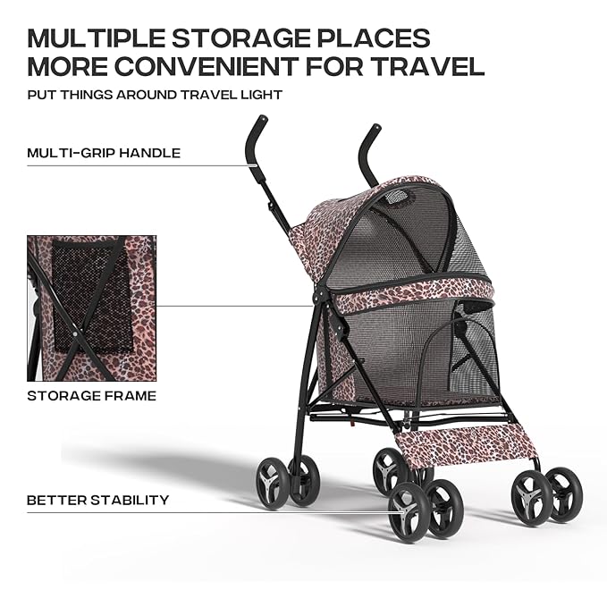 Dog Stroller for Small Dogs 10 lbs -22lbs Puppy Stroller Medium Dog Wagon Small Pet Stroller for Cats, Cat Strollers for 2 Cats, Rear Storage, Leopard Print