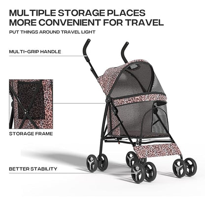 Dog Stroller for Small Dogs 10 lbs -22lbs Puppy Stroller Medium Dog Wagon Small Pet Stroller for Cats, Cat Strollers for 2 Cats, Rear Storage, Leopard Print