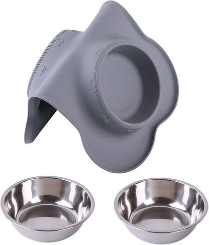 Hubulk Pet Dog Bowls 2 Stainless Steel Dog Bowl with No Spill Non-Skid Silicone Mat + Pet Food Scoop Water and Food Feeder Bowls for Feeding Small Medium Large Dogs Cats Puppies (Large, Gray)