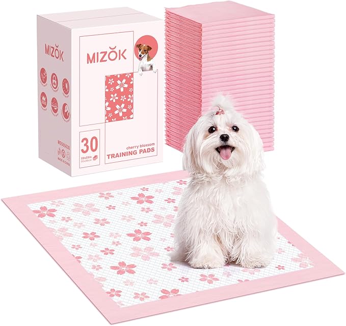 MIZOK Puppy Pads 22"x22", Pee Pads for Dogs 6-Layer Absorbency & Leak-Proof, Pink Cherry Blossom Prints, 4-Corner Adhesive Tabs, Wee Wee Pads for Small Dog Breeds (30 Counts)