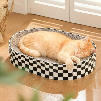 Large Oval Cat Scratcher Bowl, Cardboard Cat Scratching Pad & Lounge Bed, High-Density Reversible Cat Nest for Large Indoor Cats, Furniture Protector with Ergonomic Curve, Gift Catnip Included