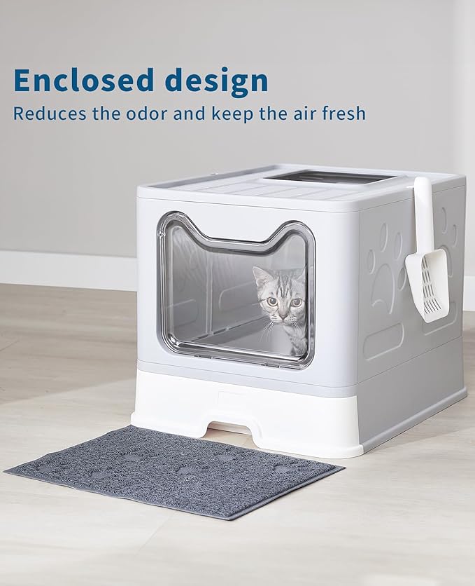Cat Litter Box with Litter Mat and Scoop, Large Covered Litter Box with Lid, Front Entry Top Exit Kitty Box, Odor Control, Easy to Clean (Grey)