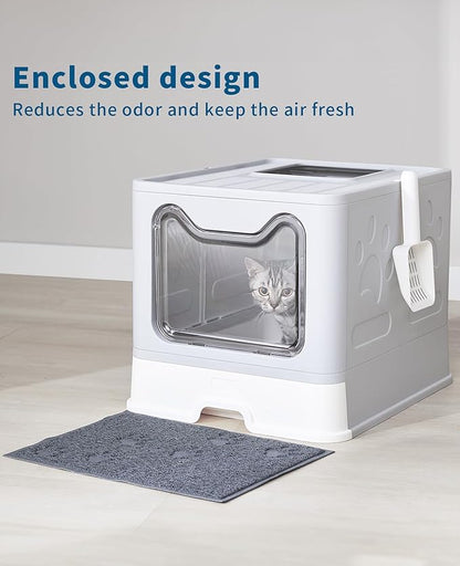 Cat Litter Box with Litter Mat and Scoop, Large Covered Litter Box with Lid, Front Entry Top Exit Kitty Box, Odor Control, Easy to Clean (Grey)