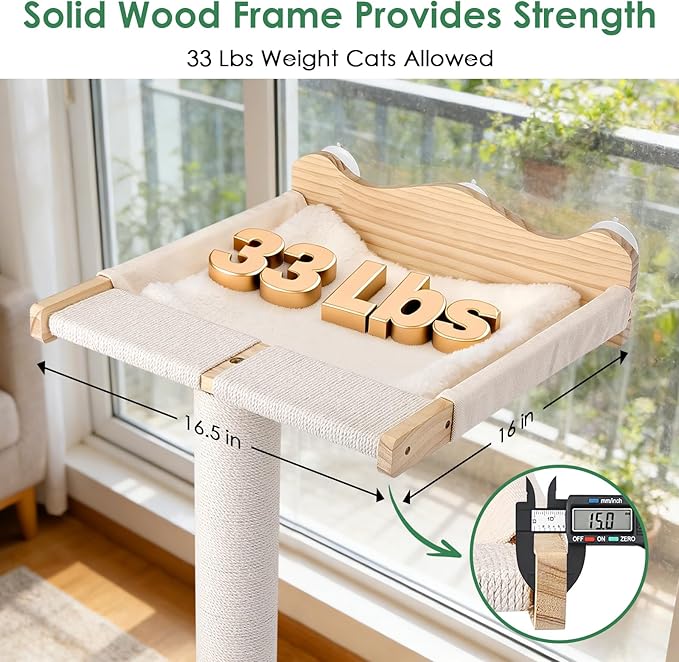 Cat Window Perch with Tall Scratching Post, 44" Adjustable Sisal Cat Tree, 33lbs Capacity Suction Cup Hammock for Indoor Cats Scratching & Watching Birds, Beige, with Detachable Cushion