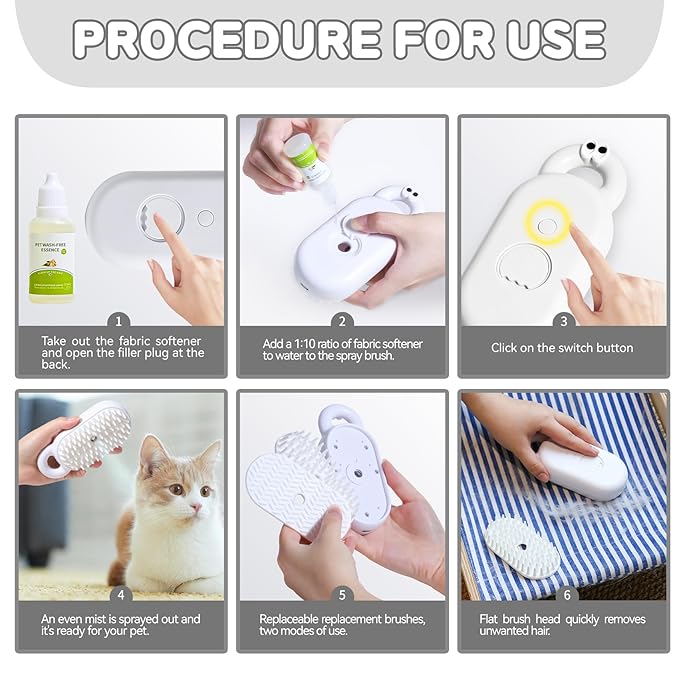 Cat Steam Brush, 3 in 1 Spray Comb for Pets, Rechargeable Pet Massage Deshedding Grooming Brush, Hair Removal Comb for Long-Haired/Short-Haired Cats