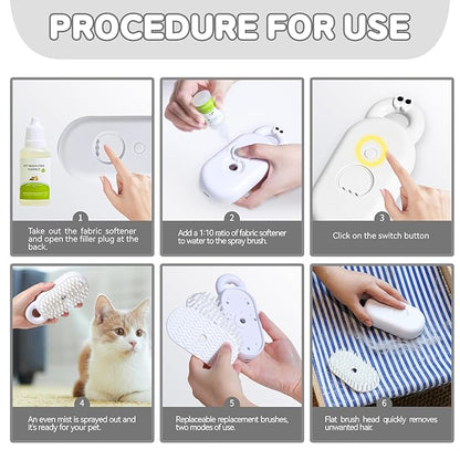 Cat Steam Brush, 3 in 1 Spray Comb for Pets, Rechargeable Pet Massage Deshedding Grooming Brush, Hair Removal Comb for Long-Haired/Short-Haired Cats