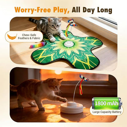 Hide and Seek Cat Toy Mat, 3-in-1 Interactive Cat Toys for Indoor Cats with Fluttering Butterfly & Moving Concealed Feathers, 3 Prey Sounds, Rechargeable Auto Play Mat for Bored Adult Cats & Kittens