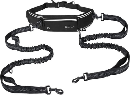 Tails & Tales Hands Free Dog Leash with Waist Pouch, Lumbar Support Upgraded, Bungee Reflective Leash, Adjustable Belt 25-55", Walking Running Hiking Training for Dogs Up to 125lbs (Black, Two Dogs)