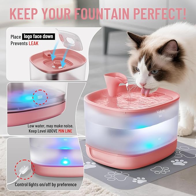 Veken Cat Water Fountain with Detachable Tank, Easy to Clean & Assemble, 84oz/2.5L Automatic Pet Drinking Dispenser with Quiet Operation & LED Light for Cats, Dogs and Small Pets, Red