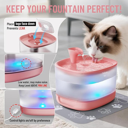 Veken Cat Water Fountain with Detachable Tank, Easy to Clean & Assemble, 84oz/2.5L Automatic Pet Drinking Dispenser with Quiet Operation & LED Light for Cats, Dogs and Small Pets, Red